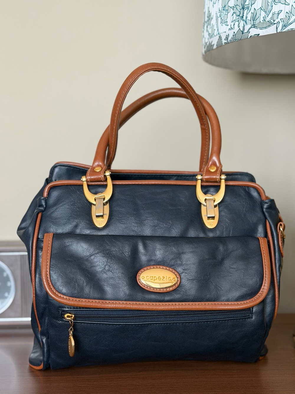 Capezio Navy and Tan Two-Tone Leather Satchel Bag